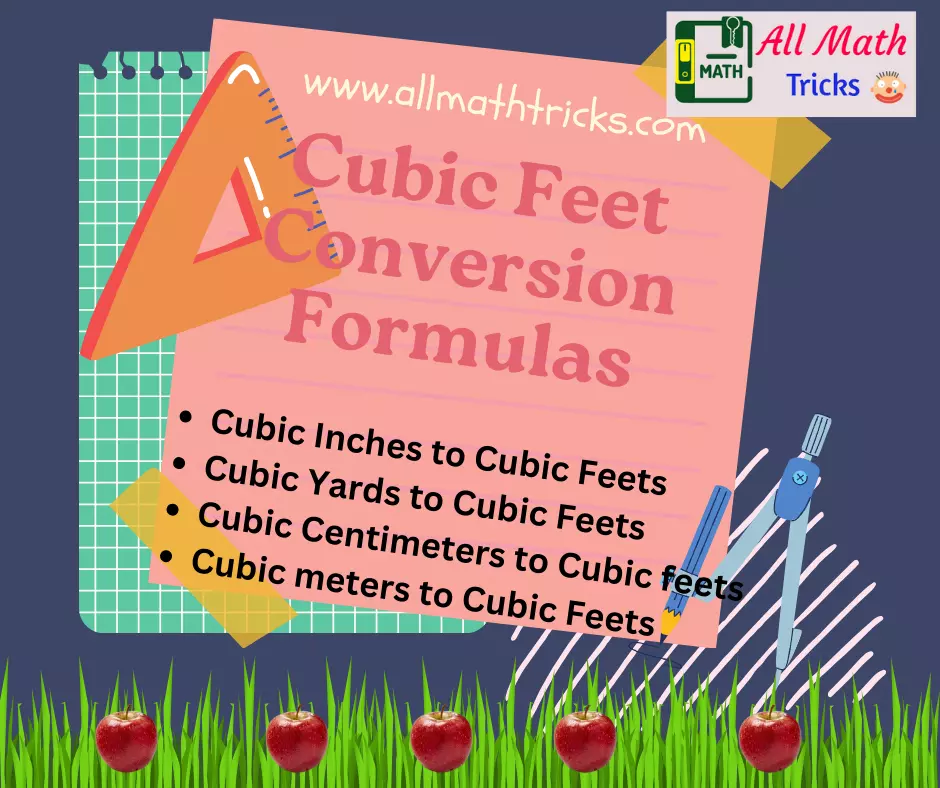 Cubic feet conversion formulas Cubic Inches to Cubic Feets Cubic Yards to Cubic Feets Cubic Centimeters to Cubic feets Cubic meters to Cubic Feets